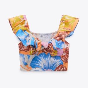 Zara Floral Ruffle Crop Top - Blue, Orange, Pink, Brown
